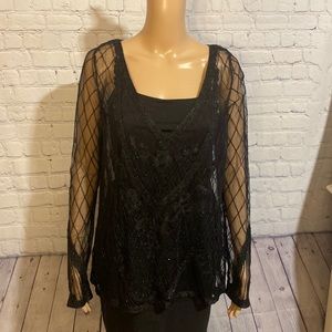 Gorgeous Sheer Beaded Black V-Neck Top SZ LRG